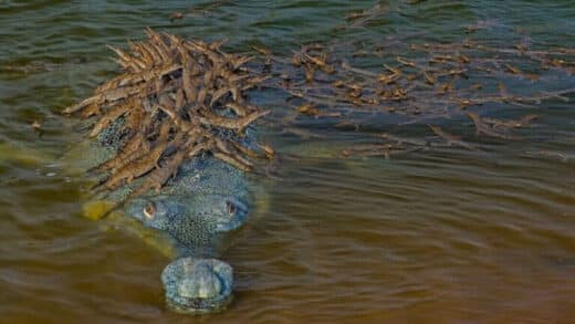 Viral Photo 100 Baby Crocodiles Ride Fathers Back Stunning Viewers Worldwide