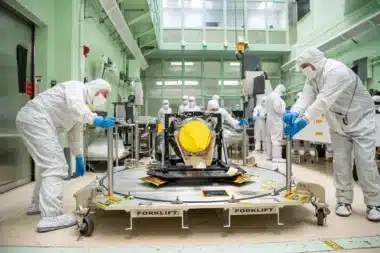 On May 20, the full-scale Engineering Development Unit Telescope for the LISA (Laser Interferometer Space Antenna) mission, still in its shipping frame, was moved within a clean room at NASA’s Goddard Space Flight Center in Greenbelt, Maryland.
NASA/Dennis Henry